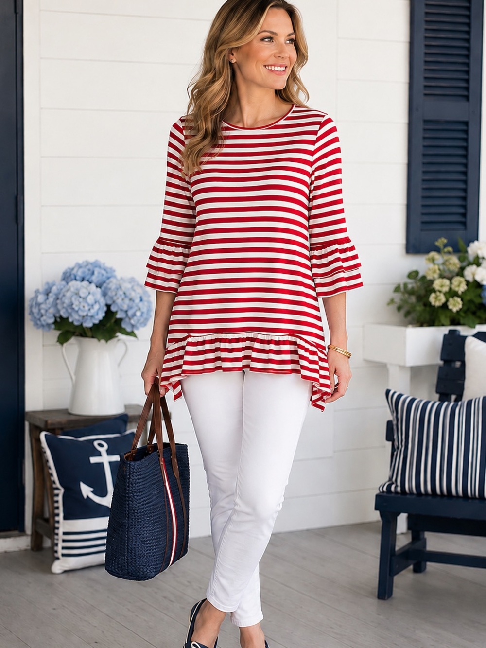 Forgotten Grace Striped Ruffle Tunic Top S Red White French Girl Coastal Preppy